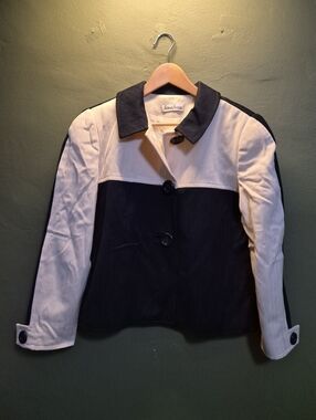 Neiman Marcus Jacket Size 10 Navy White Wool Colorblock Cropped Blazer